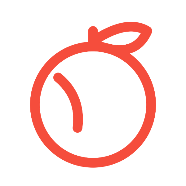 A minimalist red outline icon of a clementine with a stem and leaf, centered on a solid black background.