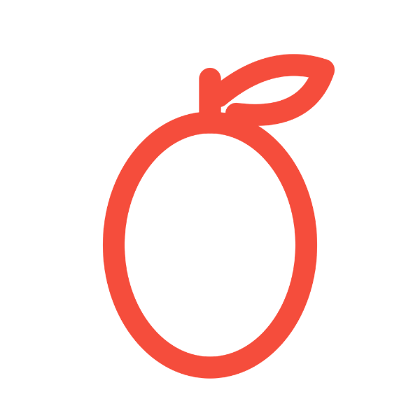 A minimalist red outline icon of a kumquat with a leaf, centered on a solid black background.